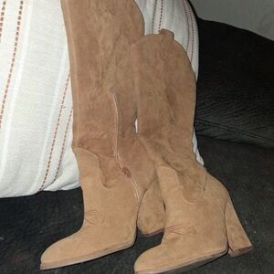Western Chief Tan Suede Mid-Calf Western Block Heel Boots